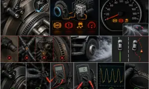 Zdjęcie przedstawia kolaż ilustracji związanych z diagnostyką czujnika ABS: hamulec, moduł ABS, kontrolki na desce rozdzielczej, uszkodzone przewody, multimetr i wykres.