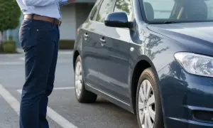 Ocena szkody całkowitej a dalsze użytkowanie pojazdu. Mężczyzna w garniturze sprawdza dokumenty przy ciemnogranatowym samochodzie.