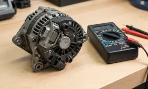 Alternator i multimetr na drewnianym stole. Sprawdzanie objawów uszkodzonego regulatora napięcia.