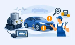 Mechanik bada, jak działa pompa ABS w niebieskim samochodzie, używając diagnostycznego tabletu i analizując dane.
