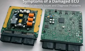 Dwa moduły ECU, jeden z widocznymi uszkodzeniami, pokazują, co to jest ECU i jak rozpoznać problemy.