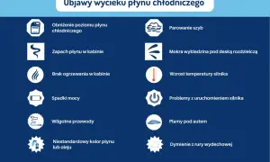 Objawy ubytku płynu chłodniczego, gdy nie ma widocznego wycieku: obniżony poziom, zapach w kabinie, parowanie szyb, mokra wykładzina, wzrost temperatury silnika.