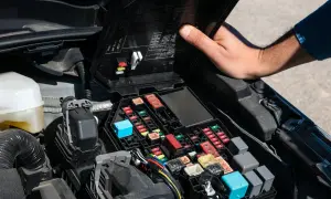 Otwarta skrzynka z bezpiecznikami w komorze silnika Renault Scenic 2. Widoczny opis bezpieczników i kolorowe elementy.