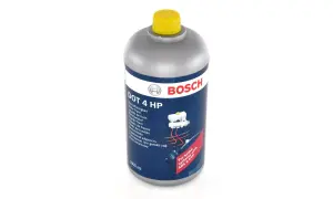 Płyn hamulcowy Bosch DOT 4 HP w butelce 1000 ml. Wyraźne oznaczenie płynu hamulcowego dla systemów z ABS i ESP.