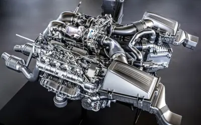 Błyszczące cylindry w silniku V8, z turbosprężarkami i skomplikowanymi przewodami, prezentują potęgę inżynierii.