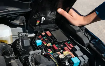 Otwarta skrzynka z bezpiecznikami w komorze silnika Renault Scenic 2. Widoczny opis bezpieczników i kolorowe elementy.