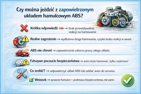 Zapowietrzony układ ABS? Nie jeździć! Wydłużona droga hamowania, ryzyko braku reakcji. Konieczne odpowietrzanie pompy ABS lub wizyta w serwisie.