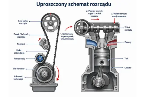 Schemat rozrządu silnika: wał korbowy napędza pasek, który obraca wałek rozrządu sterujący zaworami. Pamiętaj o regularnej kontroli, co ile wymiana rozrządu.