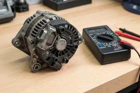 Alternator i multimetr na drewnianym stole. Sprawdzanie objawów uszkodzonego regulatora napięcia.