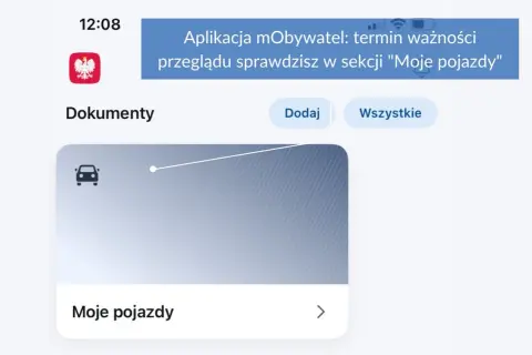 Aplikacja mObywatel informuje, że termin badania technicznego sprawdzisz w sekcji "Moje pojazdy".