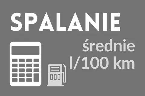 Grafika pokazuje kalkulator i dystrybutor paliwa, symbolizujące jak obliczyć spalanie. Napis "SPALANIE średnie l/100 km" wyjaśnia cel.