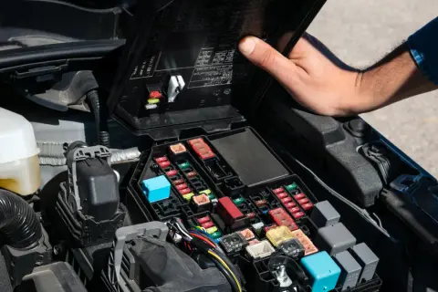 Otwarta skrzynka z bezpiecznikami w komorze silnika Renault Scenic 2. Widoczny opis bezpieczników i kolorowe elementy.