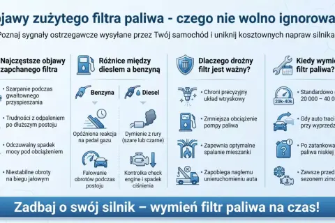 Objawy zapchanego filtra paliwa: szarpanie, trudności z odpaleniem, spadek mocy. Wymień filtr, by uniknąć problemów z silnikiem.