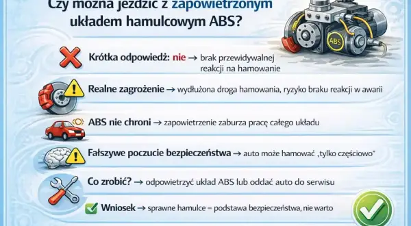 Zapowietrzony układ ABS? Nie jeździć! Wydłużona droga hamowania, ryzyko braku reakcji. Konieczne odpowietrzanie pompy ABS lub wizyta w serwisie.