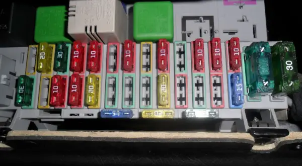 Panel bezpieczników Opel Astra H. Opis bezpieczników: zielone 30A, czerwone 10A, żółte 20A, niebieskie 15A.