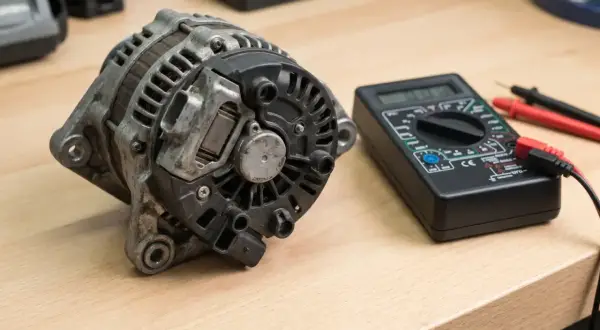 Alternator i multimetr na drewnianym stole. Sprawdzanie objawów uszkodzonego regulatora napięcia.