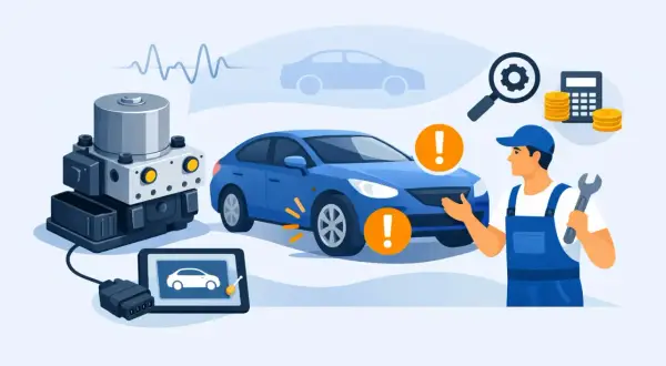 Mechanik bada, jak działa pompa ABS w niebieskim samochodzie, używając diagnostycznego tabletu i analizując dane.