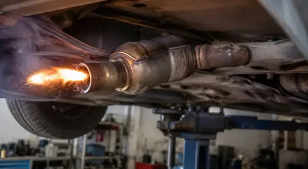 Intensywne płomienie i iskry wydobywające się z rury wydechowej samochodu na podnośniku. To może być proces wypalania DPF na postoju, który trwa różnie.