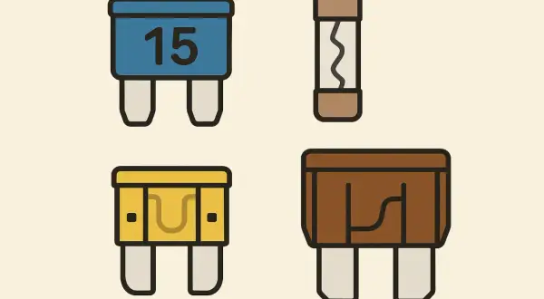 Różne rodzaje bezpieczników elektrycznych: niebieski z numerem 15, szklany, żółty i brązowy.