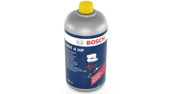 Płyn hamulcowy Bosch DOT 4 HP w butelce 1000 ml. Wyraźne oznaczenie płynu hamulcowego dla systemów z ABS i ESP.