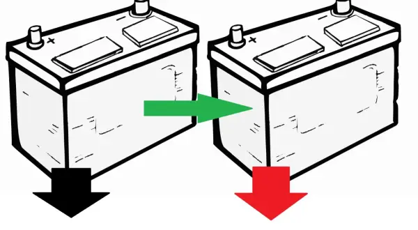 Ilustracja pokazuje ładowanie akumulatora bezobsługowego. Zielona strzałka wskazuje na proces ładowania, a czerwona strzałka na rozładowanie.