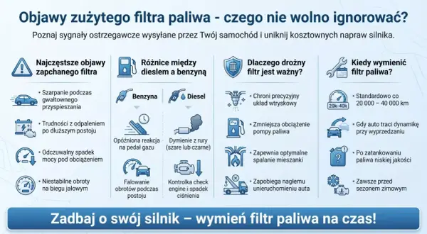Objawy zapchanego filtra paliwa: szarpanie, trudności z odpaleniem, spadek mocy. Wymień filtr, by uniknąć problemów z silnikiem.