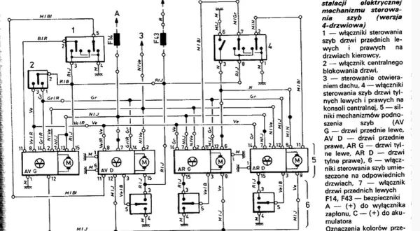 Schemat bezpieczników Passat B5 FL: sterowanie szybami, centralny zamek, szyberdach. Identyfikacja elementów i przewodów.