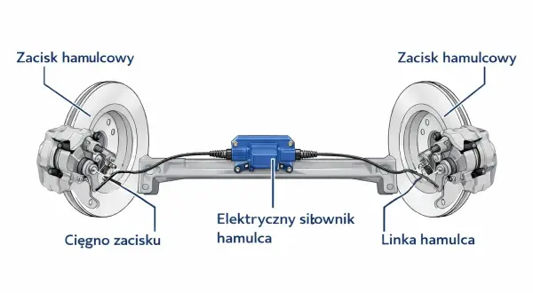 Schemat pokazuje, jak działa hamulec ręczny: elektryczny siłownik napina linki, które zaciskają klocki hamulcowe na tarczach.