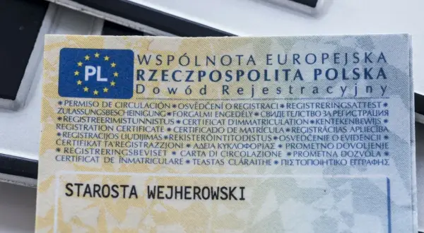 Fragment polskiego dowodu rejestracyjnego z napisem "STAROSTA WEJHEROWSKI" i wielojęzycznymi nazwami dokumentu.
