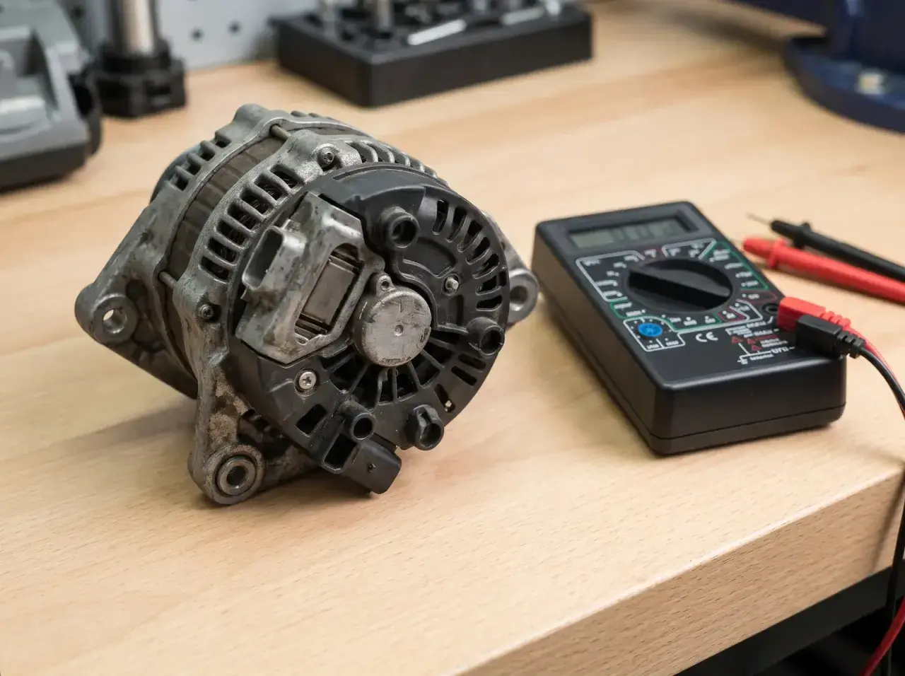 Alternator i multimetr na drewnianym stole. Sprawdzanie objawów uszkodzonego regulatora napięcia.