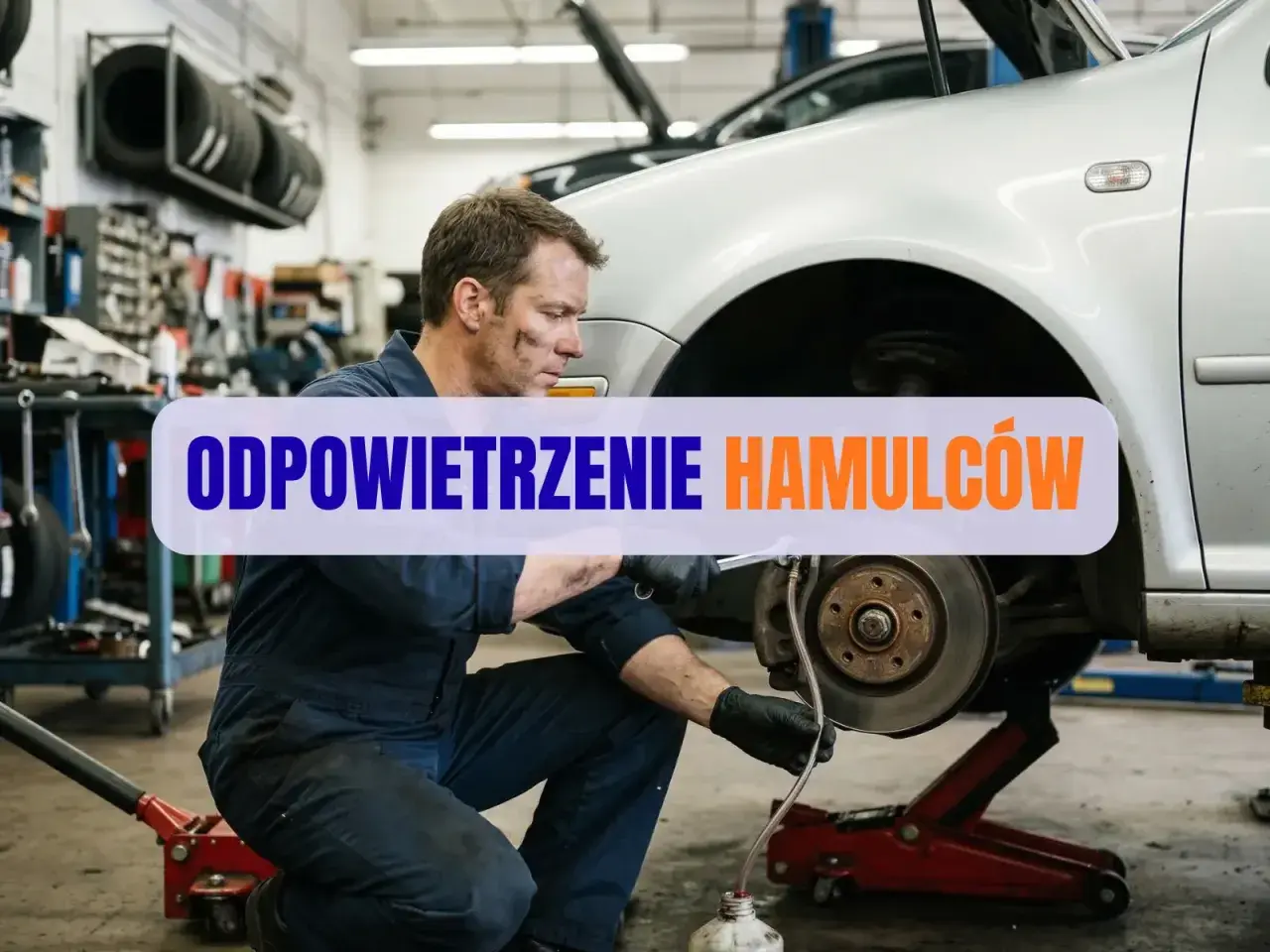 Mechanik wykonuje odpowietrzanie hamulców z ABS. Prawidłowa kolejność odpowietrzania jest kluczowa dla bezpieczeństwa.