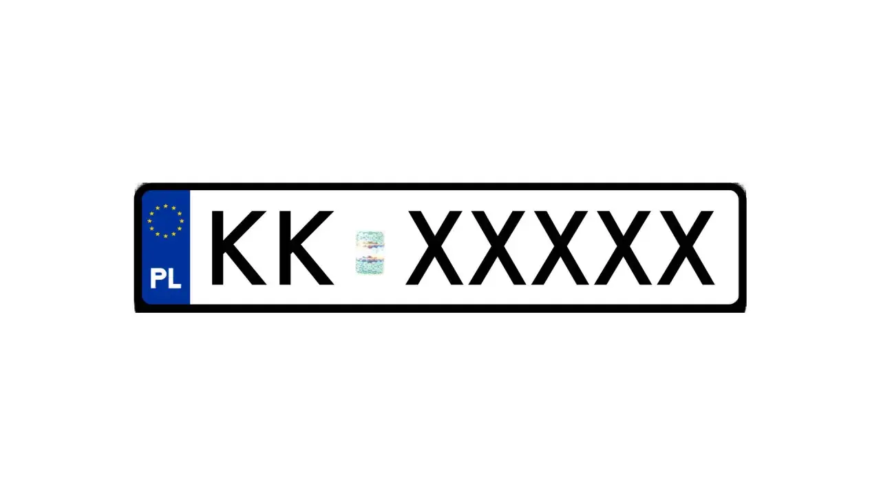 Tablice KK z symbolem Unii Europejskiej i numerem rejestracyjnym PL KK XXXXX.