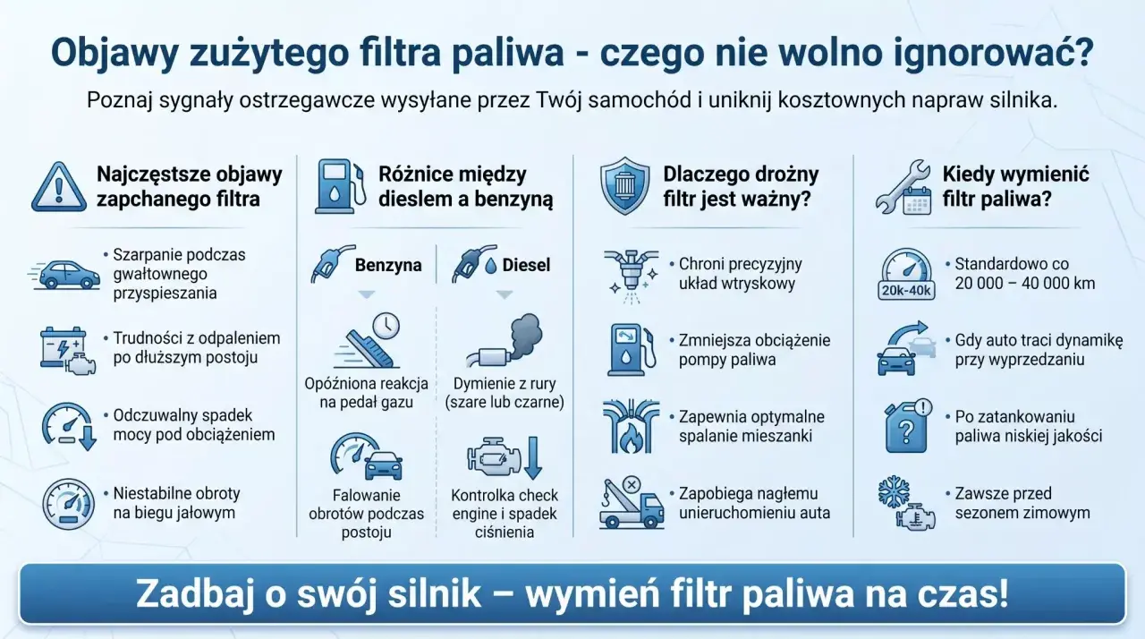 Objawy zapchanego filtra paliwa: szarpanie, trudności z odpaleniem, spadek mocy. Wymień filtr, by uniknąć problemów z silnikiem.