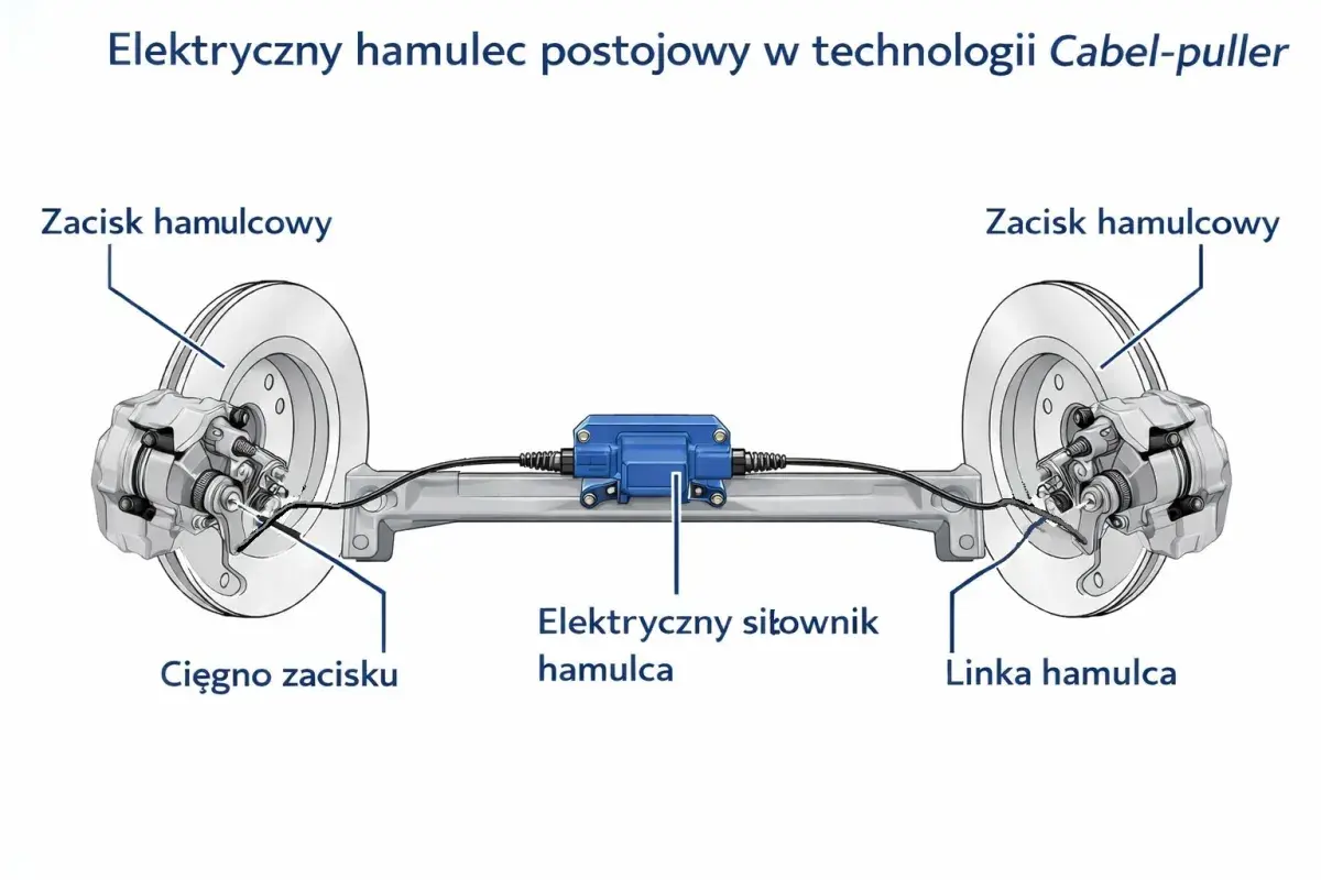 Schemat pokazuje, jak działa hamulec ręczny: elektryczny siłownik napina linki, które zaciskają klocki hamulcowe na tarczach.