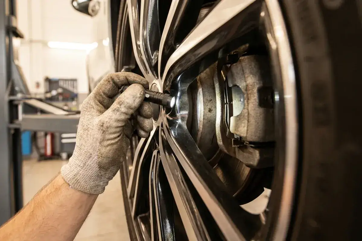 Mechanik w rękawicy oświetla latarką zacisk hamulcowy, sprawdzając stan klocków.
