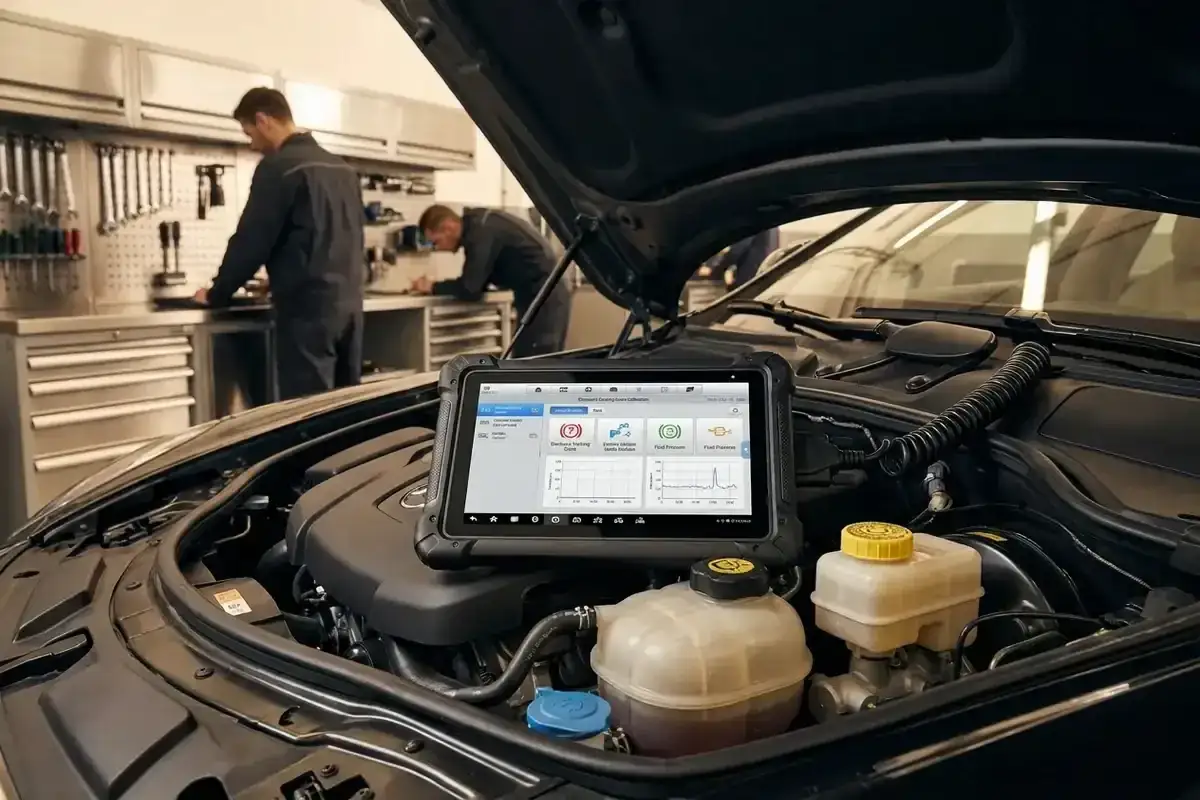 Diagnostyka samochodowa: odpowietrzanie pompy ABS za pomocą tabletu diagnostycznego. Mechanicy w tle pracują w warsztacie.