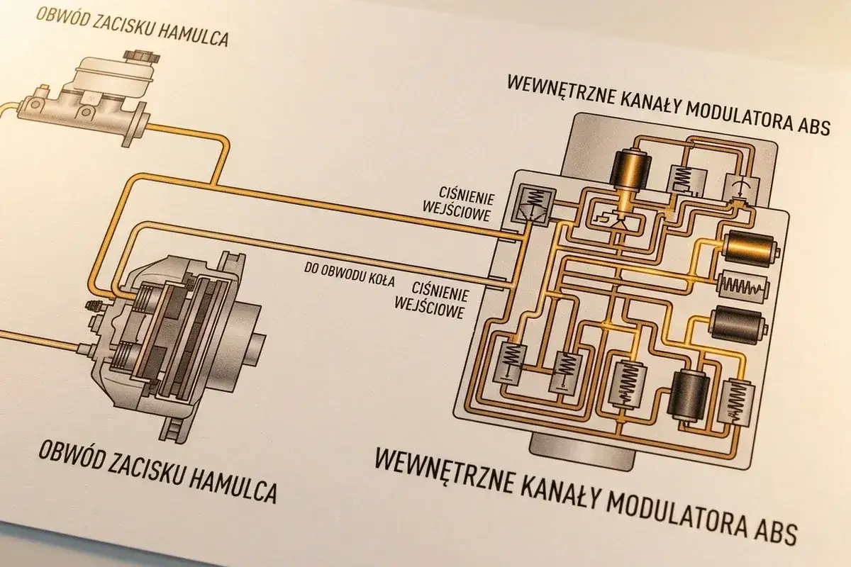 Schemat układu hamulcowego z ABS. Pokazuje kolejność odpowietrzania hamulc&oacute;w z ABS, przepływ płynu przez zaciski i modulator.
