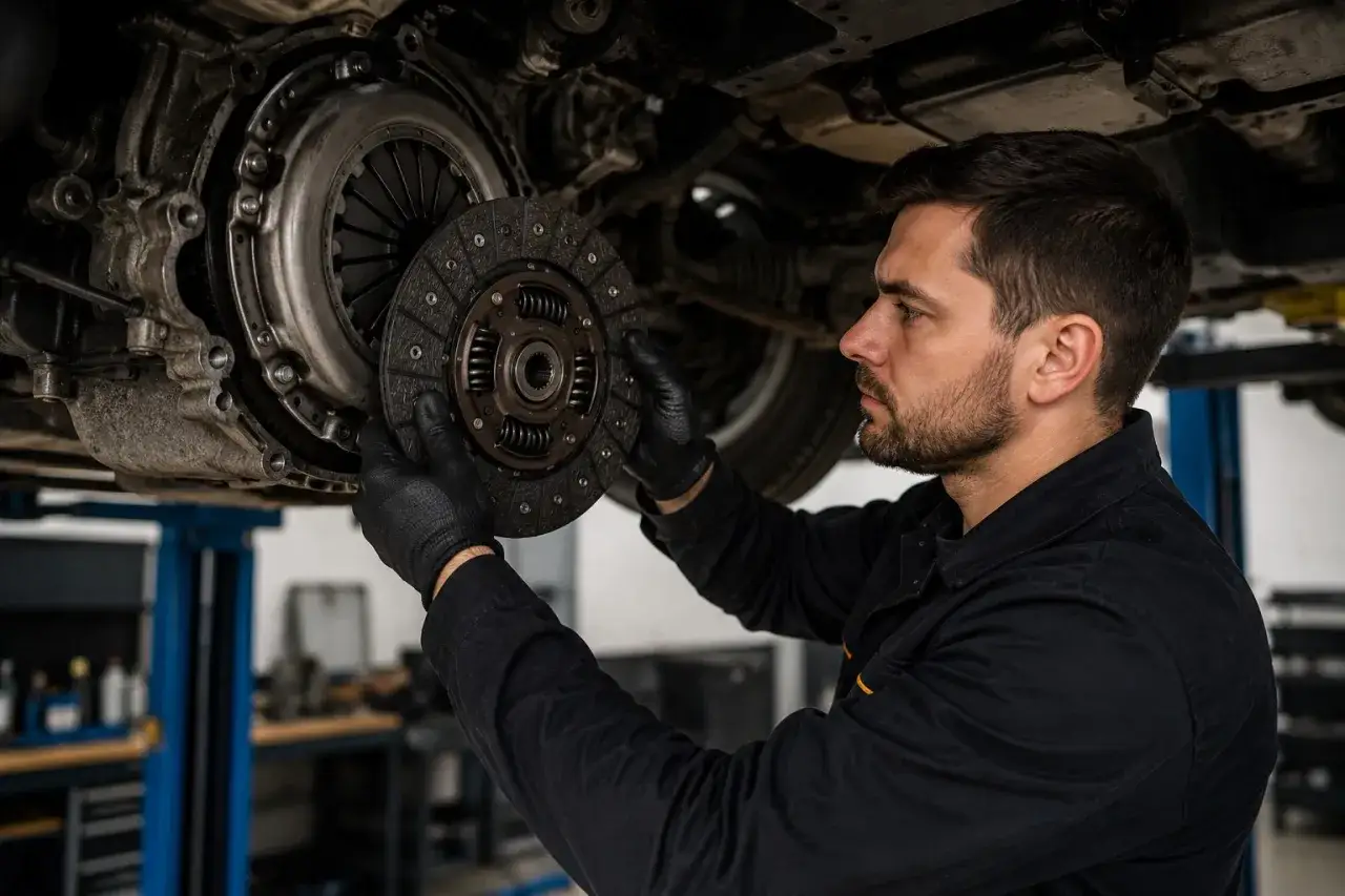 Mechanik wymieniający tarczę sprzęgła. Czas pracy, ile trwa wymiana sprzęgła, zależy od modelu auta i doświadczenia mechanika.