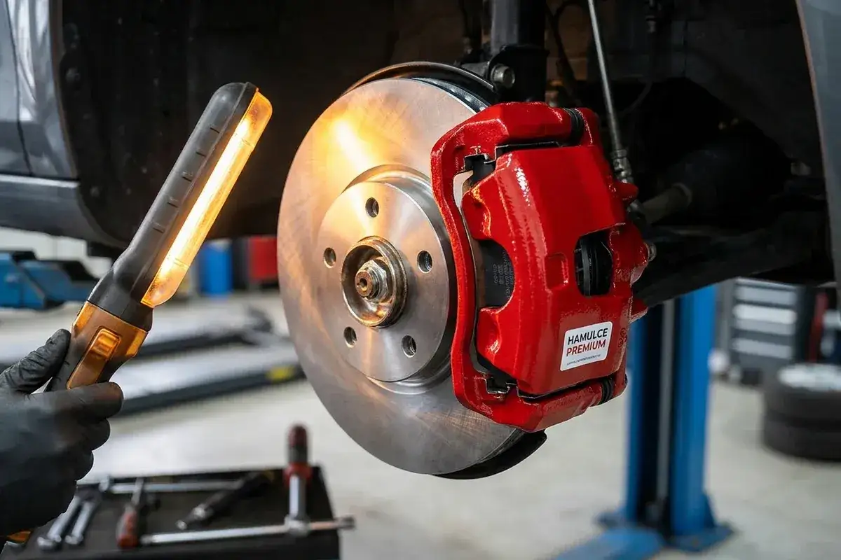 Mechanik oświetla latarką tarczę hamulcową i czerwony zacisk. Czas na wymianę tarcz hamulcowych? Sprawdź stan!