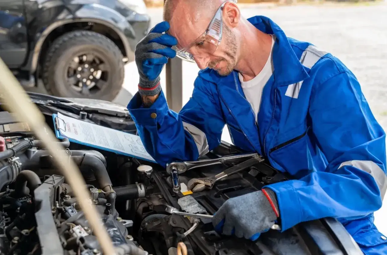 Mechanik w niebieskim kombinezonie zmagający się z problemem falujących obrotów na zimnym silniku. Narzędzia i dokumentacja leżą obok.