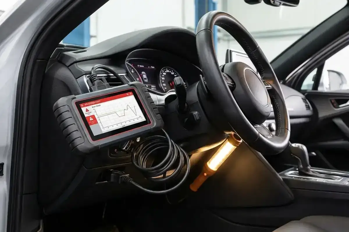 Elektroniczne EPS w samochodzie monitorowane przez diagnostyczny tablet. Widać kierownicę, deskę rozdzielczą i podłączone kable.