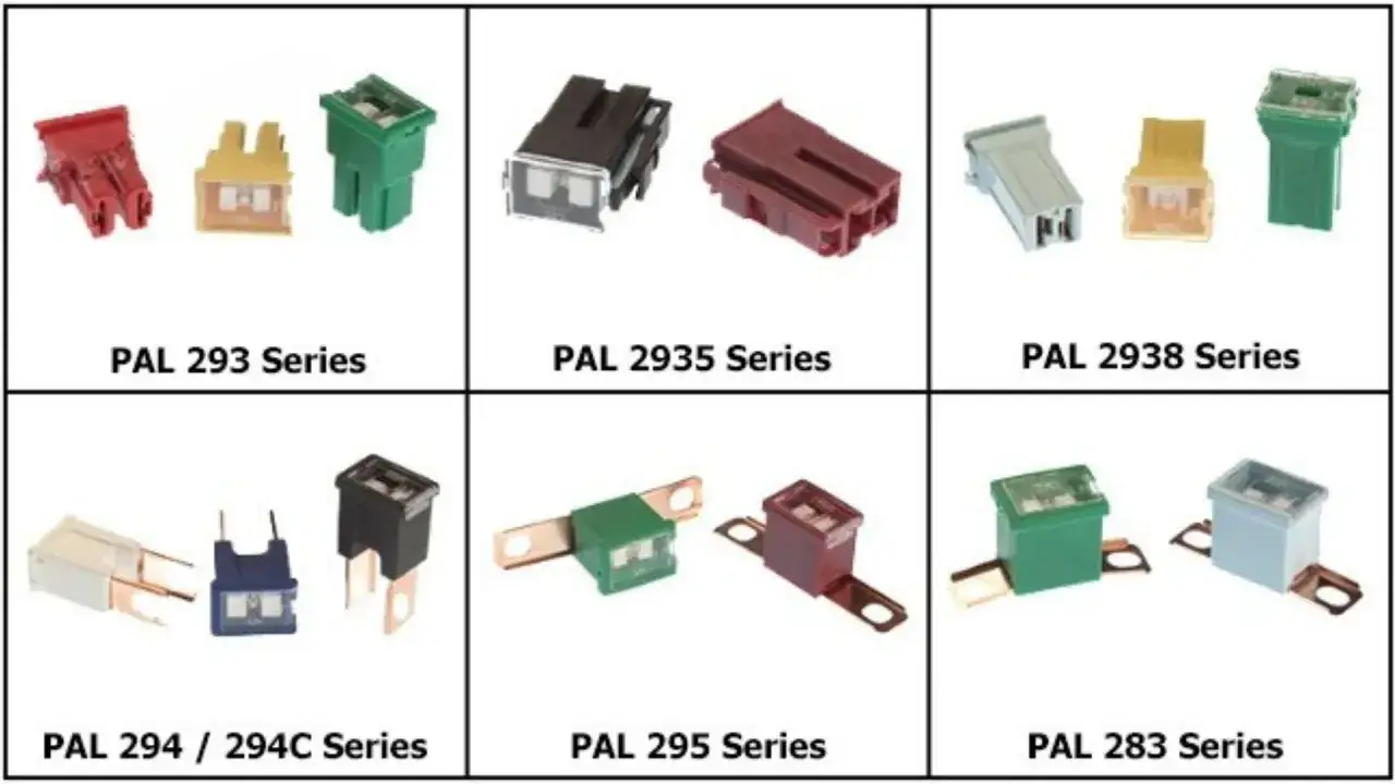 R&oacute;żne rodzaje bezpiecznik&oacute;w elektrycznych: PAL 293, 2935, 2938, 294/294C, 295, 283.