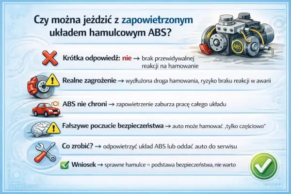 Zapowietrzony układ ABS? Nie jeździć! Wydłużona droga hamowania, ryzyko braku reakcji. Konieczne odpowietrzanie pompy ABS lub wizyta w serwisie.