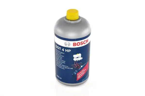 Płyn hamulcowy Bosch DOT 4 HP w butelce 1000 ml. Wyraźne oznaczenie płynu hamulcowego dla systemów z ABS i ESP.