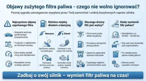Objawy zapchanego filtra paliwa: szarpanie, trudności z odpaleniem, spadek mocy. Wymień filtr, by uniknąć problemów z silnikiem.