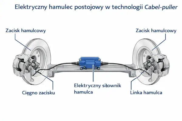 Schemat pokazuje, jak działa hamulec ręczny: elektryczny siłownik napina linki, które zaciskają klocki hamulcowe na tarczach.