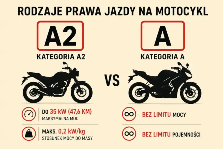 Porównanie kategorii A2 i A prawa jazdy na motor. A2: do 35 kW, A: bez limitu mocy i pojemności.